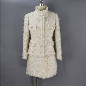 NEW Gold Buttons Pockets Wool Tweed Cream Jacket & Skirt Suit, Size M